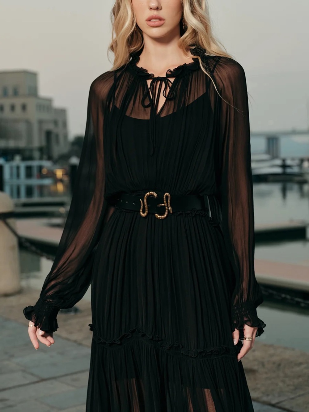 Commense Ruffled Chiffon Semi-Sheer Dress without belt - Picture 6 of 15
